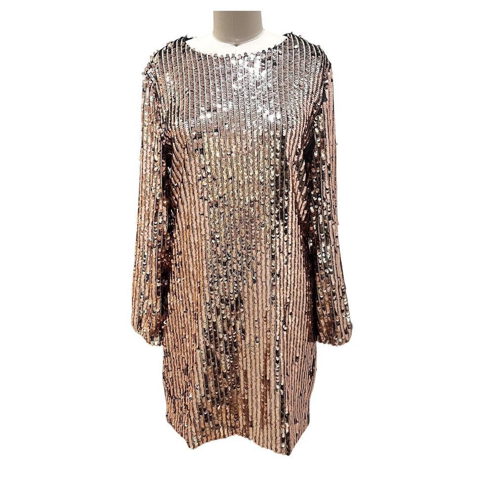 Indie XO Dress Womens Medium Rose Gold Sequin Long Sleeve Party Stretchy Mini